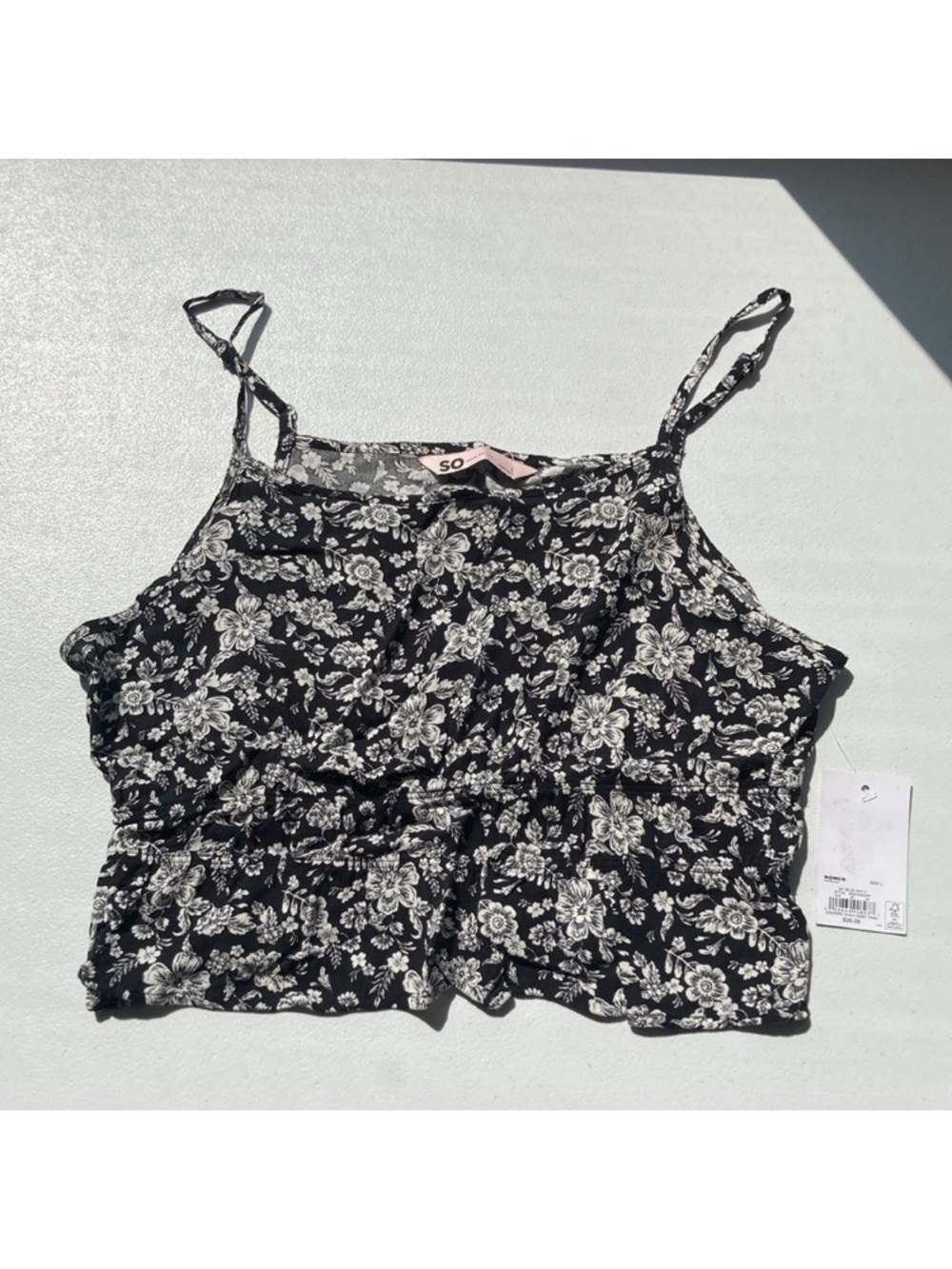 So crop top floral print cropped cinch waist tank black white boho L jrs - Picture 7 of 17